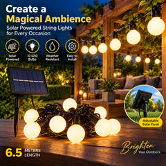 Solar-Powered 2-Way RGBW Decorative String Lights with 10 Shatterproof G50 Bulbs, 6.5m Cord, Eight Lighting Modes, IP44 Weather Resistance and 1200mAh Battery