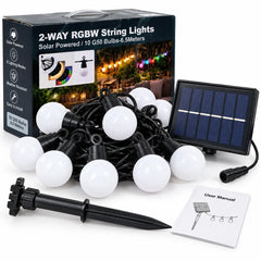 Solar-Powered 2-Way RGBW Decorative String Lights with 10 Shatterproof G50 Bulbs, 6.5m Cord, Eight Lighting Modes, IP44 Weather Resistance and 1200mAh Battery