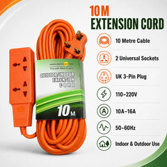 10M Heavy Duty Dual Universal Socket Extension Cord with UK 3-Pin Plug 110-220V 10A-16A Indoor & Outdoor Use
