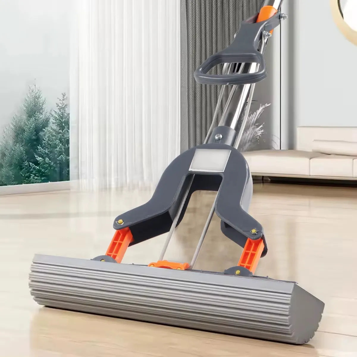 Hands-Free Self-Wringing Sponge Mop with Double-Fold Squeeze Mechanism, 27 CM Grooved Absorbent Head, Telescopic Stainless Steel Handle & Wet/Dry Floor Cleaning