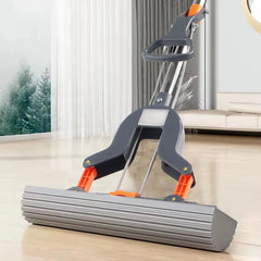 Hands-Free Self-Wringing Sponge Mop with Double-Fold Squeeze Mechanism, 27 CM Grooved Absorbent Head, Telescopic Stainless Steel Handle & Wet/Dry Floor Cleaning