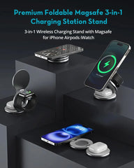 RavPower 3 In 1 Foldable Wireless Charger MagSafe, 15 Watt, Titanium Grey - RP-WC1008