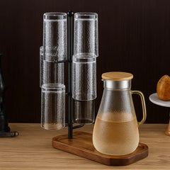 Vertical Glass Drying Stand with Wooden Tray Base, Freestanding Metal Glass Holder with Multi Hooks, Countertop Drinkware Organizer, 42 cm Height
