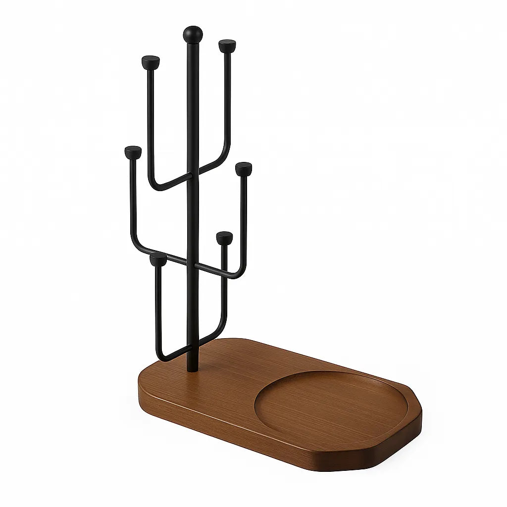 Vertical Glass Drying Stand with Wooden Tray Base, Freestanding Metal Glass Holder with Multi Hooks, Countertop Drinkware Organizer, 42 cm Height