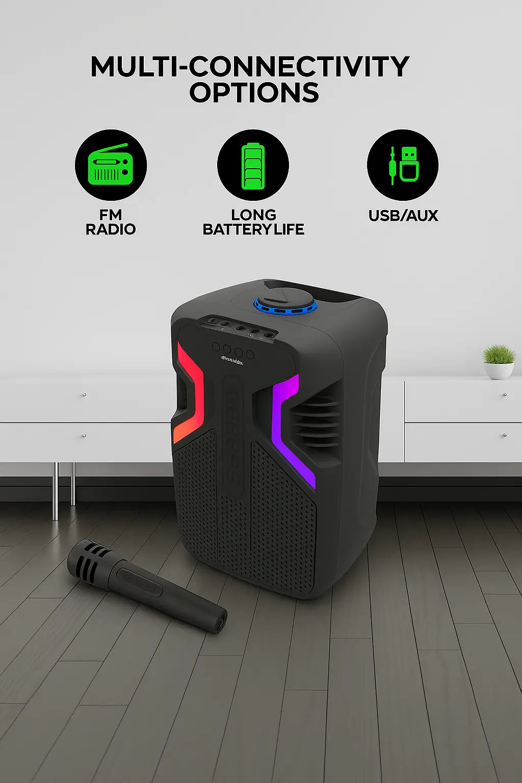 مكبر صوت كاريوكي محمول يعمل بتقنية البلوتوث مع ميكروفون لاسلكي، وأضواء RGB، ودعم USB/FM/TF وبطارية قابلة لإعادة الشحن - مخرج 25 وات
