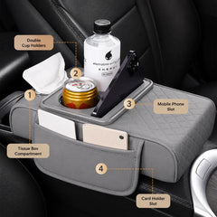 Premium PU Leather Car Seat Gap Organizer & Center Armrest Console Storage Box with Dual Cup Holders, Tissue Box Holder, Mobile Phone Slot, Card Pocket & Multi-Storage Compartments Universal Car Interior Organizer
