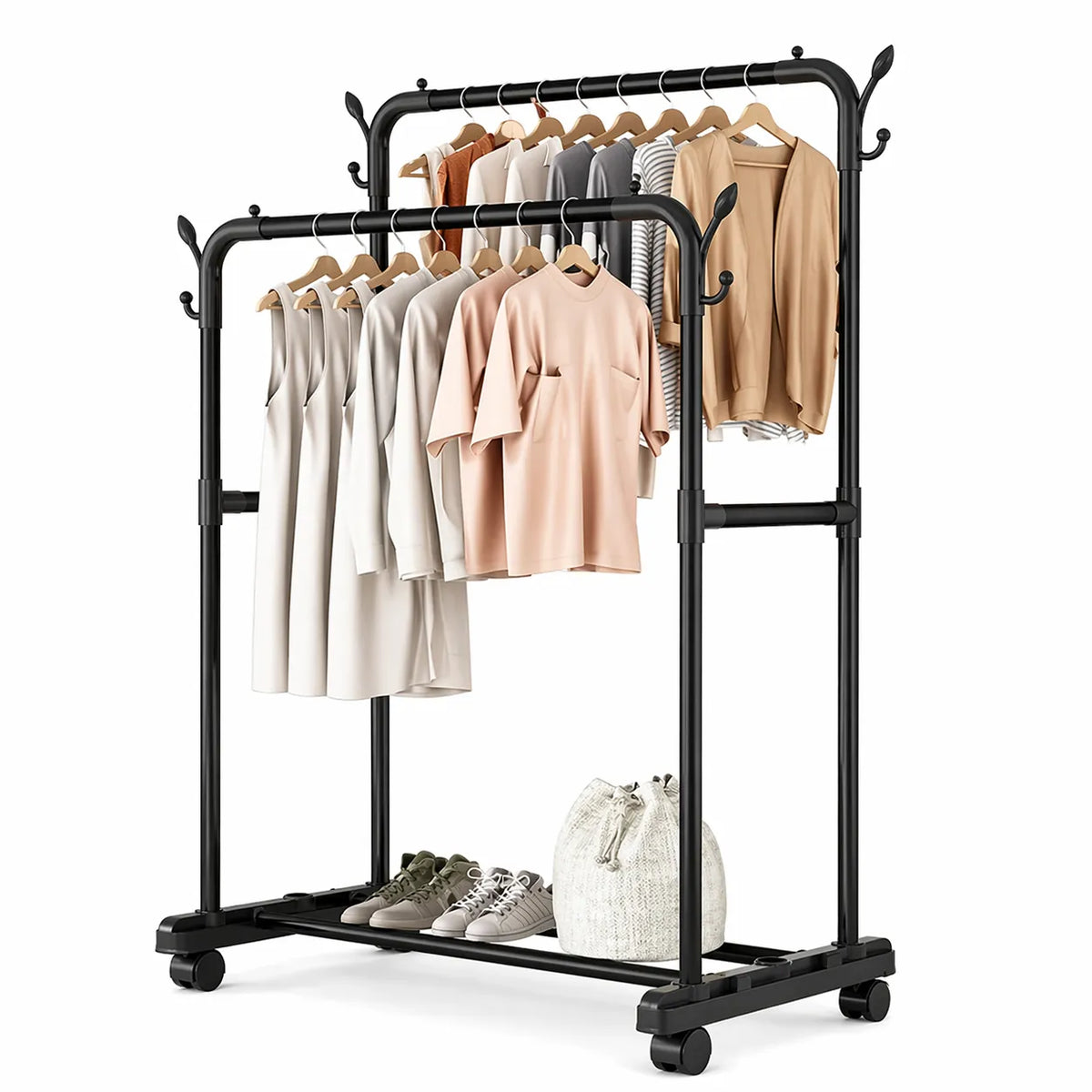 Heavy Duty Double Pole Clothes Hanger Rack with Wheels 35kg Load Capacity Adjustable Garment Organizer Stand
