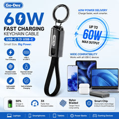 Go-Des GD-UC683 60W USB-C to USB-C Keychain Fast-Charging and 480Mbps Data Cable with Braided Wire