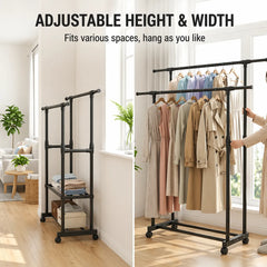 Adjustable Double Pole Clothes Hanger Rack with Wheels, Heavy Duty Steel Garment Organizer Stand with Bottom Shelf and Expandable Width 85–140 cm