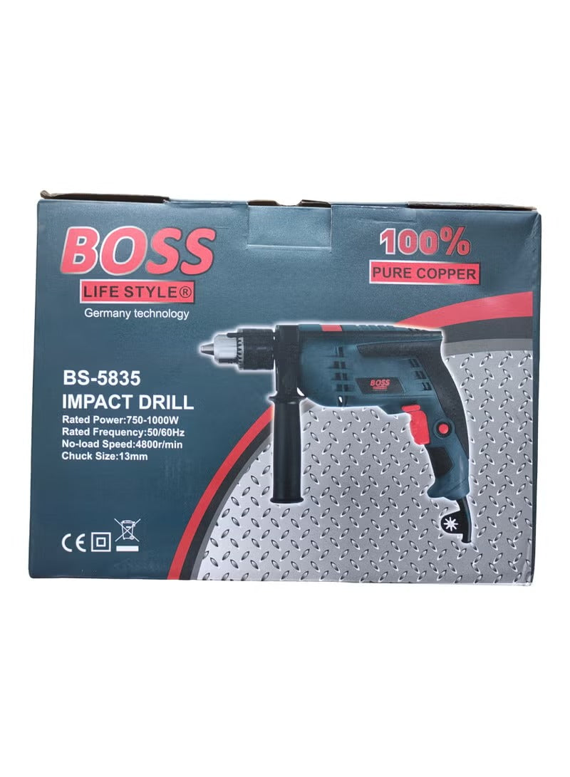 مثقاب BOSS الاحترافي ذو التأثير مع ظرف 13 مم، ووظيفة عكسية، ومحرك نحاسي 100% للخشب والمعادن والخرسانة - 1500 وات وسرعة 0-2800 دورة في الدقيقة