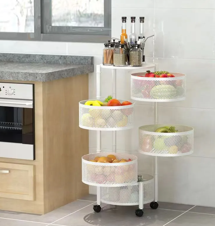 Multi Layer Round Metal Kitchen Storage Rack with Rotating Shelves & Wheels