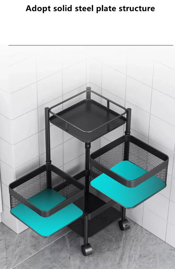 Multi Layer Square Metal Kitchen Storage Rack with Rotating Shelves & Wheels