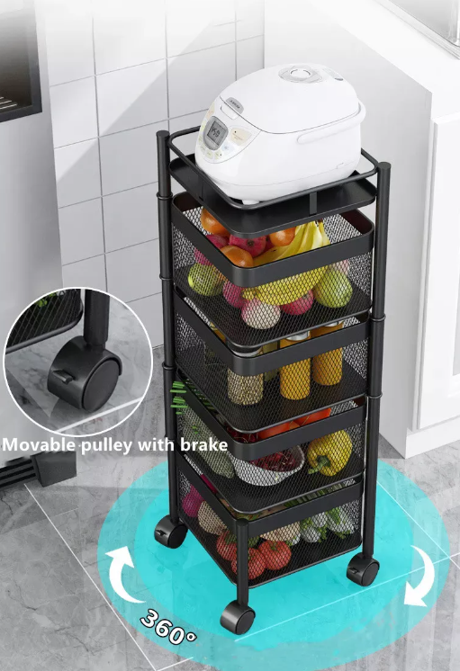 Multi Layer Square Metal Kitchen Storage Rack with Rotating Shelves & Wheels