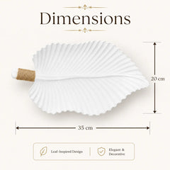 Antique Style Wooden Leaf Decorative Tray with Rustic White Finish for Fruit Display, Keys and Tabletop Home Decor - 35 x 20 cm