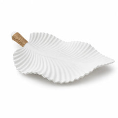 Antique Style Wooden Leaf Decorative Tray with Rustic White Finish for Fruit Display, Keys and Tabletop Home Decor - 35 x 20 cm