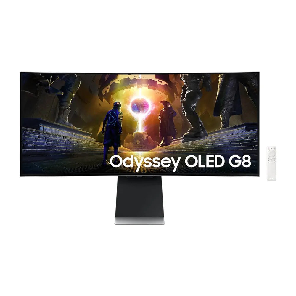 شاشة الألعاب الذكية سامسونج G855D أوديسي G8، شاشة OLED مقاس 34 بوصة، دقة UWQHD، معدل تحديث 175 هرتز، زمن استجابة 0.03 مللي ثانية (GtG)، تقنية AMD FreeSync Premium Pro وG-Sync، فضي | LS34DG852SMXUE
