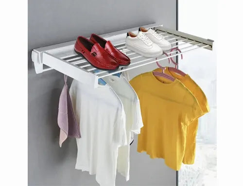 Foldable Wall Mounted Clothes Drying Rack with Hooks - 80cm