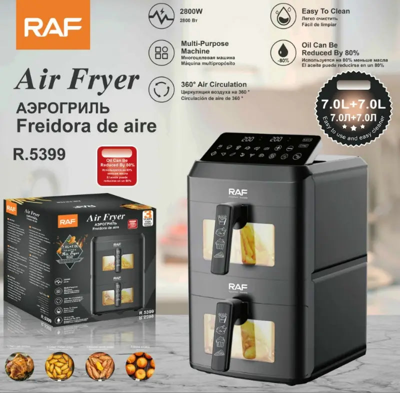 RAF Dual Basket Digital Air Fryer 7L+7L 2800W with LED Display, 360° Hot Air Circulation, Multi-Purpose Healthy Oil-Free Cooking Machine with Timer & Temperature Control