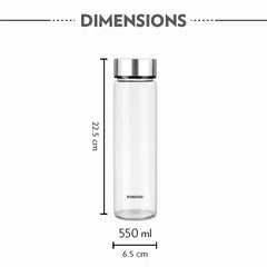 Borosil Neo 550ml Clear Borosilicate Glass Water Bottle, Scratch Resistant Airtight Leakproof Refrigerator Safe Dishwasher Safe Bottle for Water, Juice and Infused Drinks