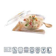 Borosil Transparent Borosilicate Glass Round Cook and Serve Casserole, Microwave Oven Safe Heat Resistant Cookware
