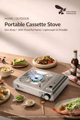 3000W Portable Butane Cassette Gas Stove with Piezo Ignition, Safety Lock System, Windproof Burner, Anti-Slip Pot Support, Lightweight Camping & Outdoor Cooking Cooker