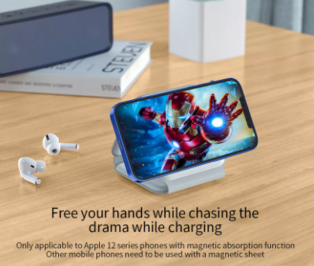 شاحن سفر لاسلكي مغناطيسي محمول قابل للطي 3 في 1 بقوة 15 وات للهواتف الذكية وiWatch وAirpods