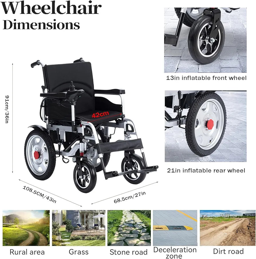 Foldable & Rechargeable Electric Wheelchair with Aluminium Wheels & Steel Frame