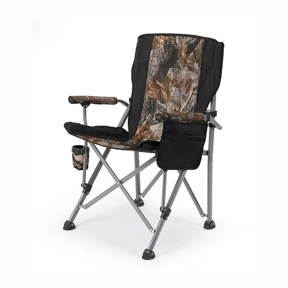 Foldable & Portable Camouflage Style Camping Chair with Armrests, Cupholder, Side Holder & Carry Bag