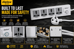 Heinz HZ-314 Premium 4 Universal Socket Power Extension Board 10A 250V with Master Power Switch, 750°C Flame Retardant Protection & UK 3-Pin Plug