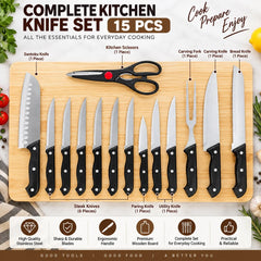 15-Piece Stainless Steel Kitchen Knife Set with 6 Steak Knives, Santoku, Carving, Bread, Utility & Paring Knives, Kitchen Scissors, Carving Fork & Wooden Cutting Board