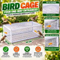 Humane Multi-Entry Bird Capture Cage with 4 One-Way Entrances, Anti-Escape Angled Bars, Top Access Door & Rust-Resistant Metal Construction for Pigeons & Small Birds