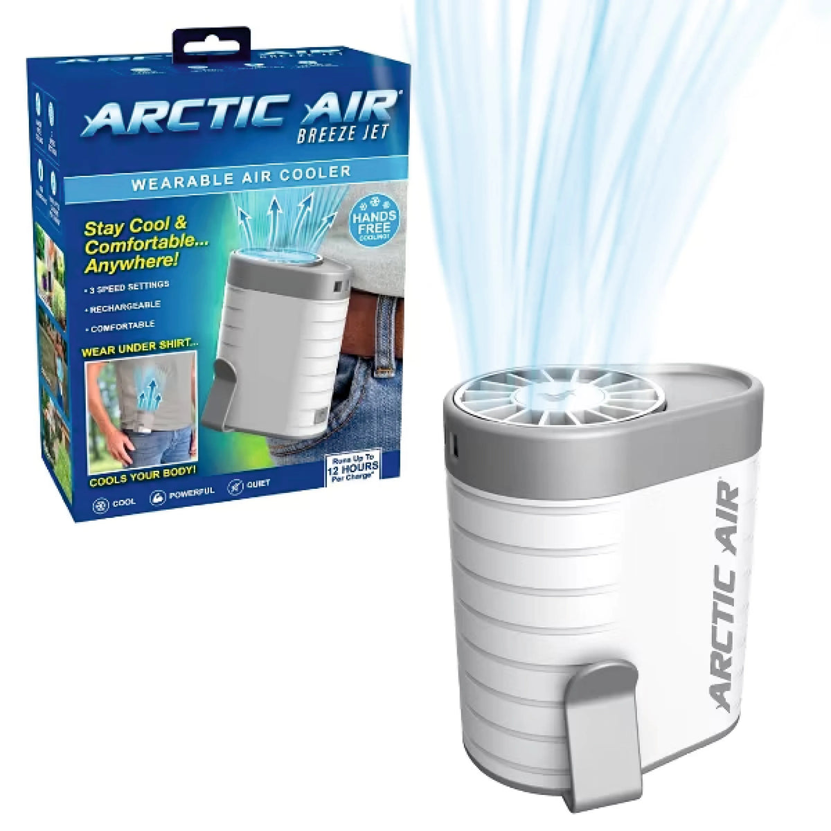 Arctic Cool Breeze Jet Wearable Air Cooler, USB Rechargeable Portable Waist Clip Fan with 3 Adjustable Speeds, Hands-Free Cooling & Up to 12 Hours Runtime