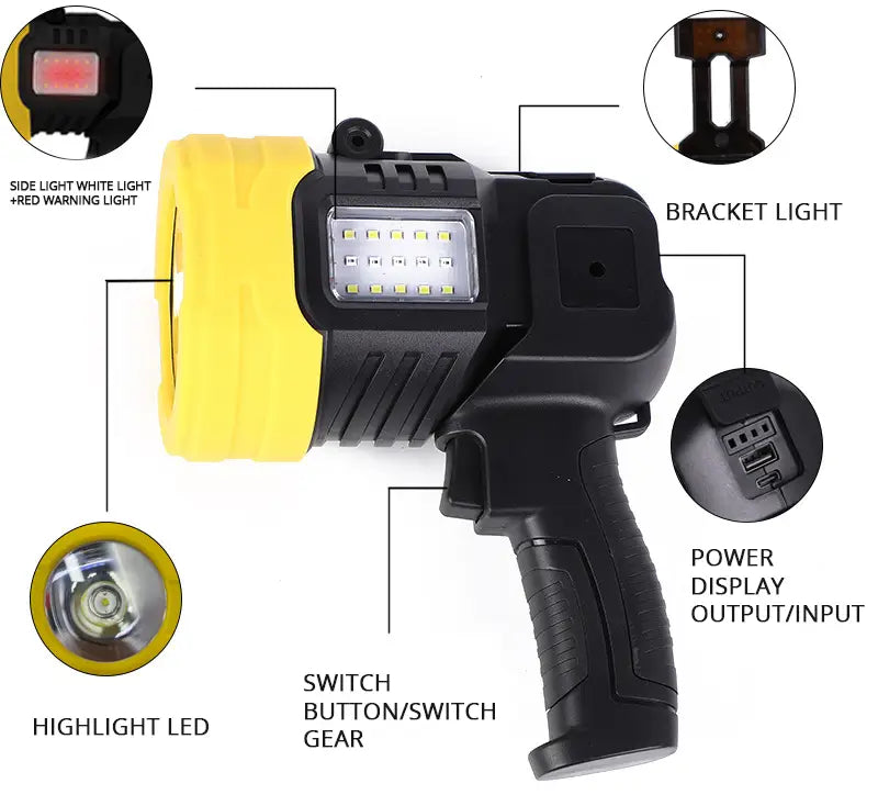Ultra-Bright 500W Rechargeable LED Multifunctional Searchlight with Power Bank and Stand