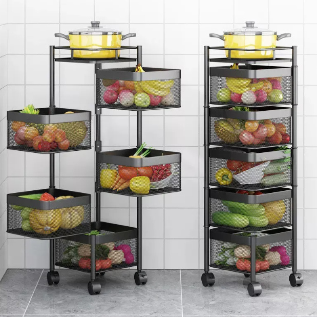 Multi Layer Square Metal Kitchen Storage Rack with Rotating Shelves & Wheels