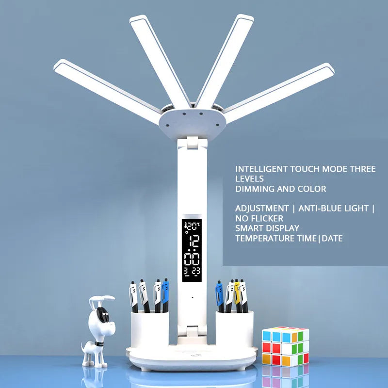 Smart Adjustable LED Desk Lamp with Fan, Touch Control, Time Date & Temperature Display