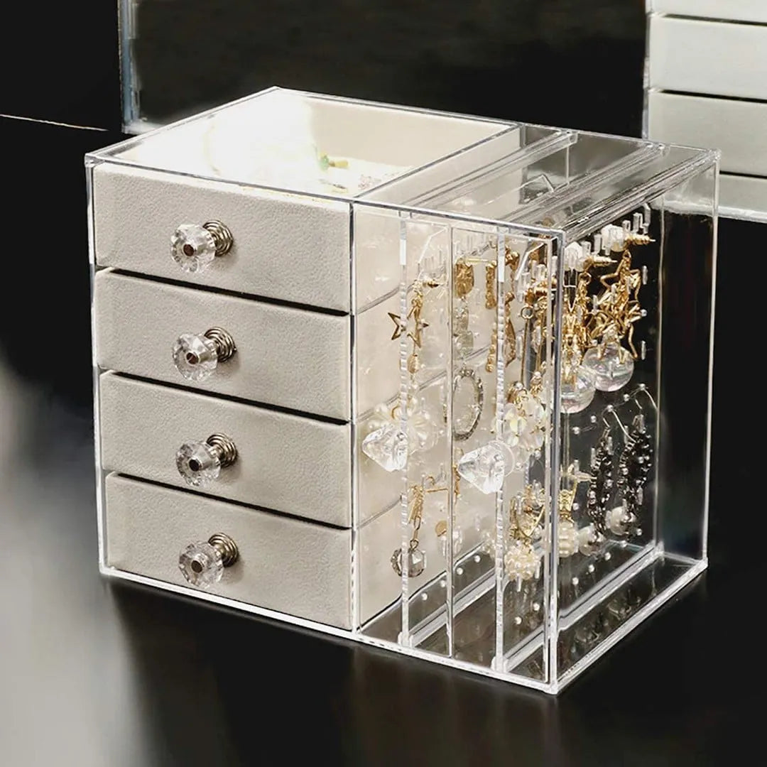 Luxury Acrylic Jewelry Organizer Box with 4 Velvet Drawers & 2 Side Hanging Sections, Dustproof Multi-Compartment Necklace, Ring, Bracelet & Watch Storage Case, Clear Display Jewelry Holder (21×13×18 CM)