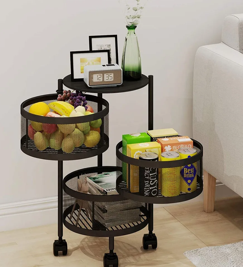 Multi Layer Round Metal Kitchen Storage Rack with Rotating Shelves & Wheels