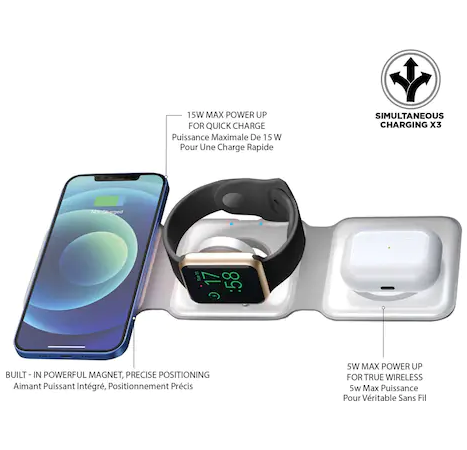 شاحن سفر لاسلكي مغناطيسي محمول قابل للطي 3 في 1 بقوة 15 وات للهواتف الذكية وiWatch وAirpods